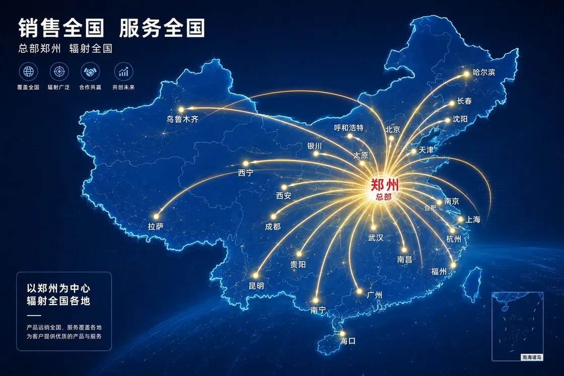 郑州千翼研磨材料销售网络示意图：以郑州总部为中心，辐射线连向全国主要城市